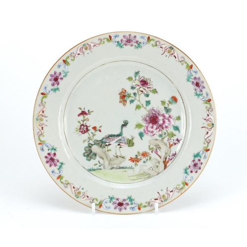 384 - Chinese porcelain plate, hand painted in the famille rose palette with cranes amongst flowers, 23cm ... 