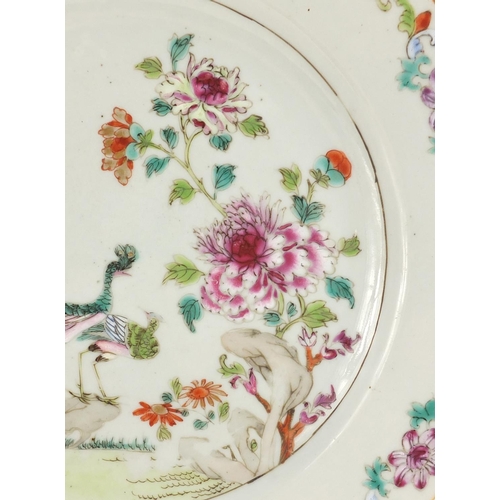 384 - Chinese porcelain plate, hand painted in the famille rose palette with cranes amongst flowers, 23cm ... 