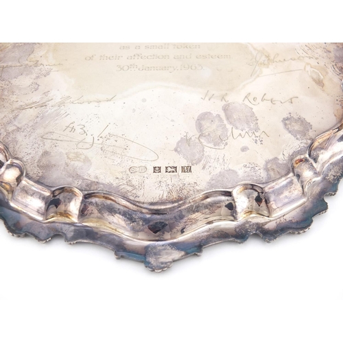 873 - Circular silver salver by William Suckling Ltd, engraved Sir Charles Trustam from a few of his frien... 