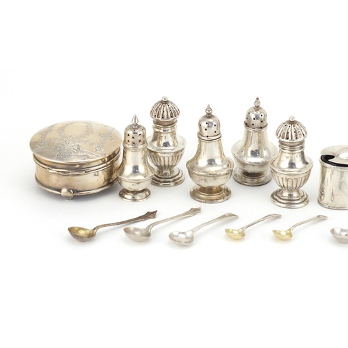 942 - Silver items including an oval bon bon dish, circular jewel box and two pairs of casters, various ha... 