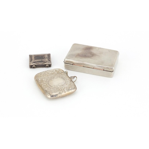 943 - Silver items comprising a snuff box by S Mordan & Co, vesta and stamp case, various hallmarks, the l... 