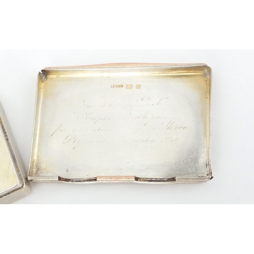 943 - Silver items comprising a snuff box by S Mordan & Co, vesta and stamp case, various hallmarks, the l... 