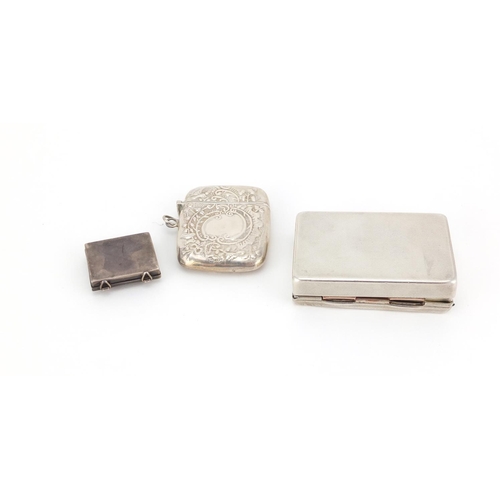 943 - Silver items comprising a snuff box by S Mordan & Co, vesta and stamp case, various hallmarks, the l... 