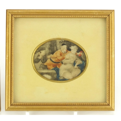 124 - Pair of antique miniatures, hand painted with figures in interiors, mounted and framed, one with Woo... 