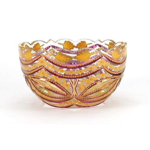 800 - Bohemian cut glass bowl made for the Islamic market hand painted with flowers, 20cm in diameter