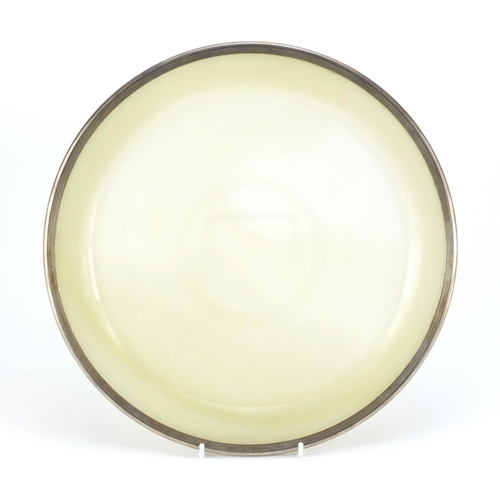 99 - Large French silver mounted jade tray, impressed marks to the mount, 32.5cm in diameter