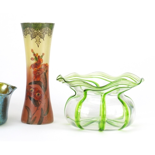 808 - Art glass comprising a Loetz bowl, a Legras vase and a Stourbridge bowl, the largest 20cm in diamete... 