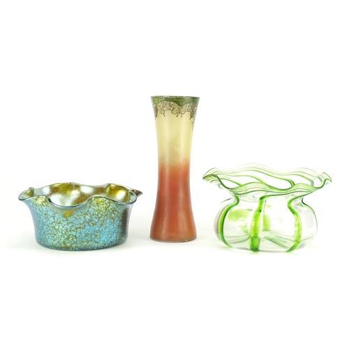 808 - Art glass comprising a Loetz bowl, a Legras vase and a Stourbridge bowl, the largest 20cm in diamete... 