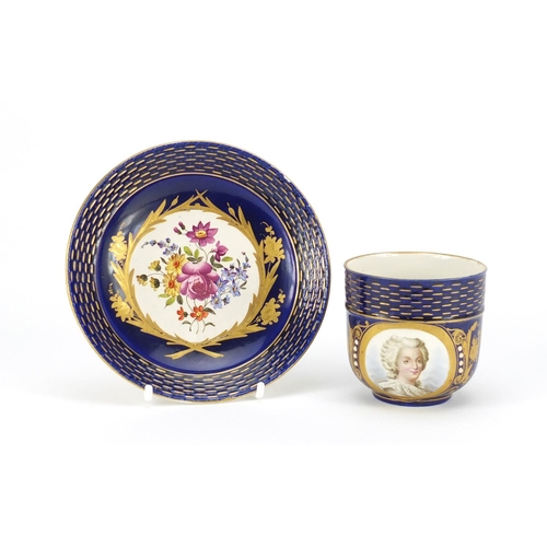 782 - 19th century Sèvres blue ground portrait cup and saucer with jewelled decoration, the cup 7cm high