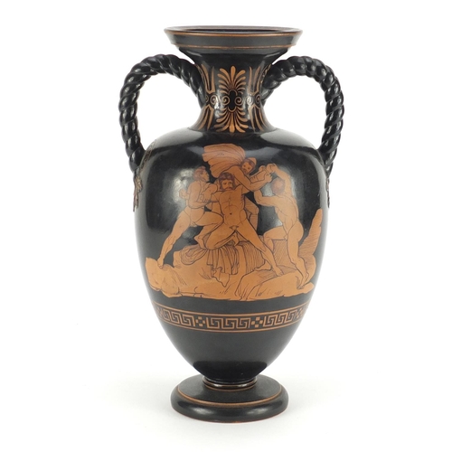 777 - Greek Revival twin handled terracotta vase decorated with classical scenes, probably Dillwyns Etrusc... 