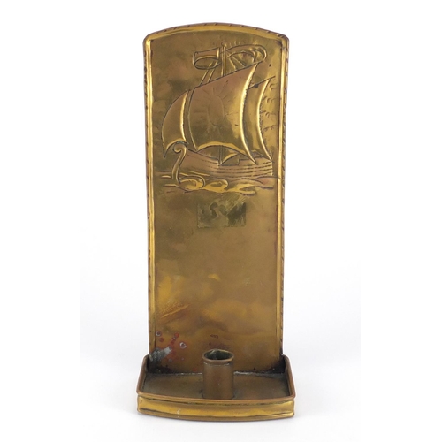 846 - Arts & Crafts brass candlelight embossed with sailing ship, 30cm high
