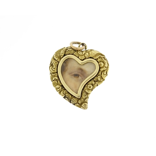 991 - Antique unmarked gold eye miniature mourning pendan, in the shape of a witches heart, 3cm in length,... 