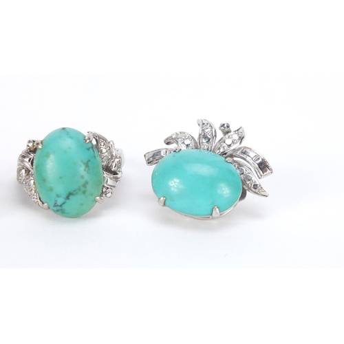 988 - *DESCRIPTION AMENDED 08-11-19*Unmarked  white metal turquoise ring and matching earrings, possibly R... 