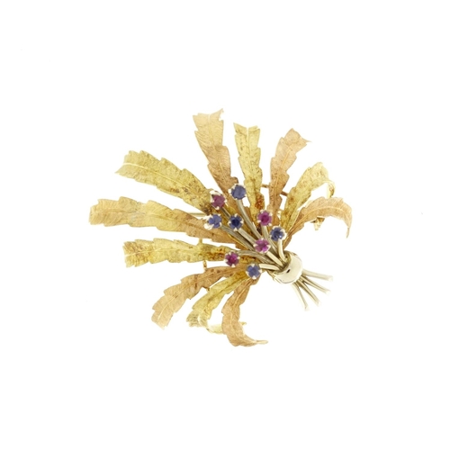 996 - Designer 18ct three tone gold brooch set with sapphires and ruby's, 4.5cm in length, 11.6g
