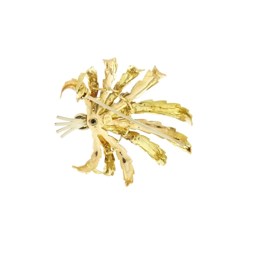 996 - Designer 18ct three tone gold brooch set with sapphires and ruby's, 4.5cm in length, 11.6g
