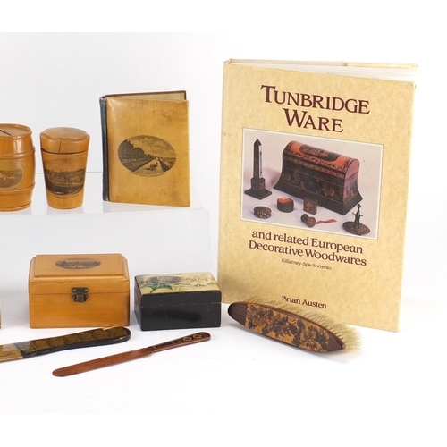 38 - Woodenware and reference books including Mauchline Ware pin cushion, Tunbridge Ware letter opener an... 