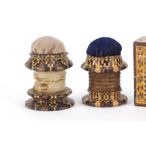 35 - Victorian Tunbridge Ware stamp box and two thread waxer pin cushions, the largest 3.5cm high