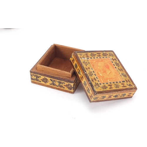 35 - Victorian Tunbridge Ware stamp box and two thread waxer pin cushions, the largest 3.5cm high