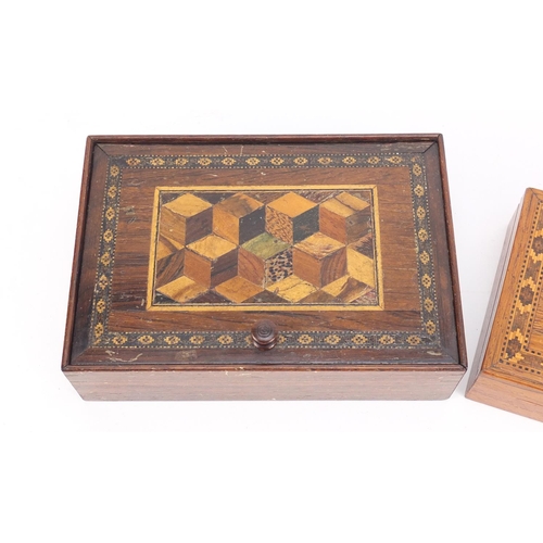 34 - Two Victorian Tunbridge Ware boxes including one with tumbling block design hinged lid, the largest ... 