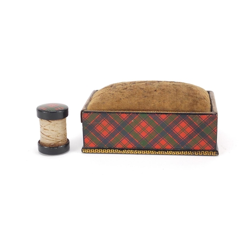 31 - Victorian Tartanware thread waxer and rectangular pin cushion box having a sliding lid together with... 