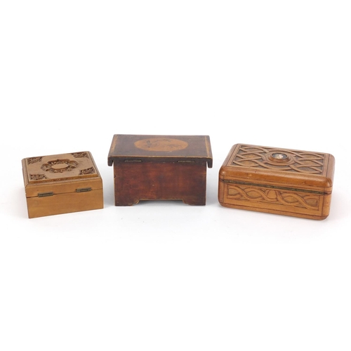 39 - Wooden boxes including a Chinese Canton sandalwood example and a continental example, having a hinge... 