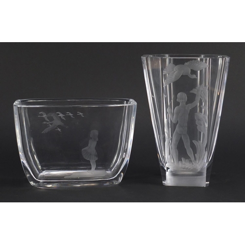 809 - Two Orrefors glass vases including one designed by Sven Palmquist, etched with a young girl and duck... 