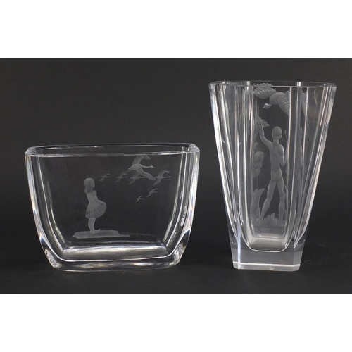 809 - Two Orrefors glass vases including one designed by Sven Palmquist, etched with a young girl and duck... 