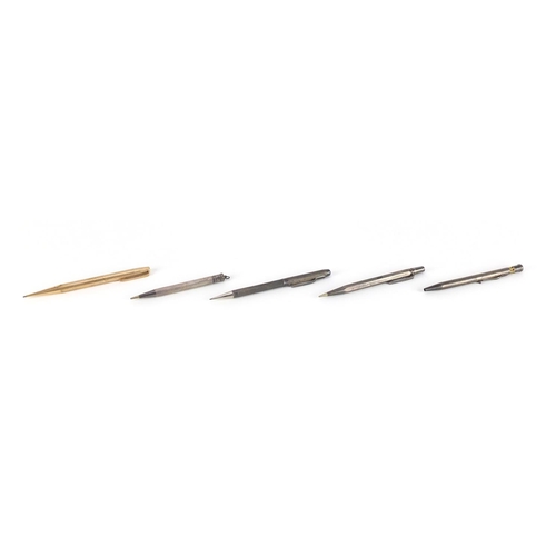 128 - Four silver propelling pencils and a rolled gold Yard-O-Led propelling pencil