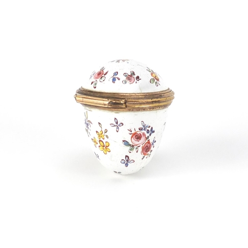 45 - Antique enamel egg design trinket with gilt coloured metal mounts, hand painted with flowers, 4cm hi... 
