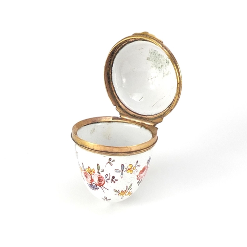 45 - Antique enamel egg design trinket with gilt coloured metal mounts, hand painted with flowers, 4cm hi... 