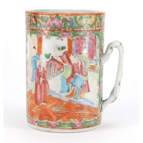 388 - Chinese Canton porcelain tankard, hand panted in the famille rose palette with figures, birds, insec... 