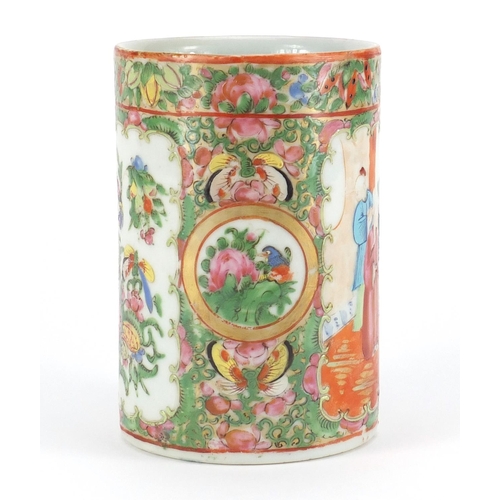388 - Chinese Canton porcelain tankard, hand panted in the famille rose palette with figures, birds, insec... 