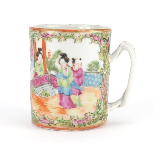 398 - Chinese Canton porcelain mug, hand panted in the famille rose palette with figures, birds, insects a... 