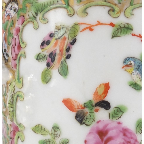 398 - Chinese Canton porcelain mug, hand panted in the famille rose palette with figures, birds, insects a... 
