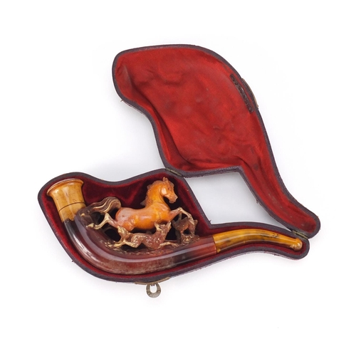 92 - Meerschaum pipe carved with a horse and fox, housed in a silk and velvet lined leather case, 17cm in... 
