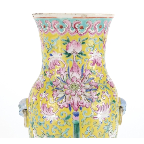 397 - Chinese porcelain vase with ring turned handles, hand painted with flower heads amongst foliate scro... 