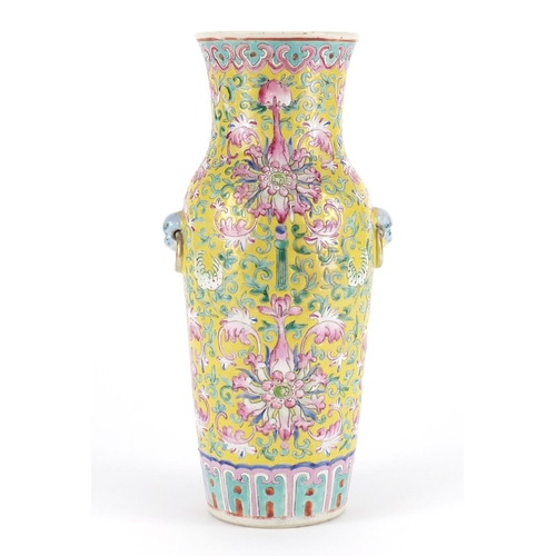 397 - Chinese porcelain vase with ring turned handles, hand painted with flower heads amongst foliate scro... 
