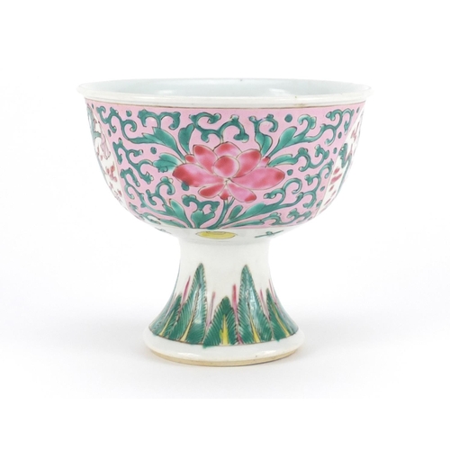 409 - Chinese porcelain stem cup hand painted with roundels of dragons within flowers, 11cm high x 12cm in... 