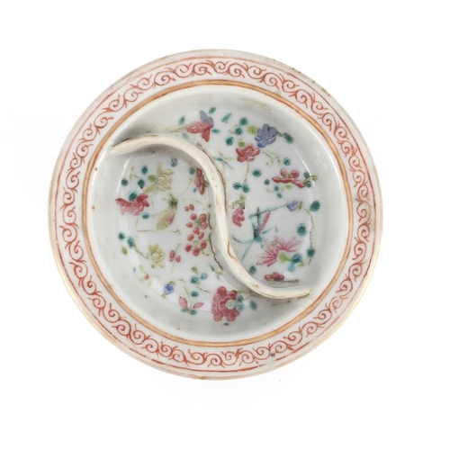 416 - Chinese porcelain pedestal sectional dish, hand painted in the famille rose palette with flowers and... 