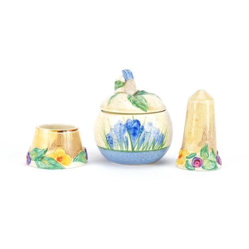 828 - Clarice Cliff jam pot and cover together with a My Garden salt and sifter, the largest 8.5cm high