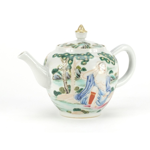 381 - Chinese porcelain teapot, hand painted with two nude European females in a landscape, 14cm high