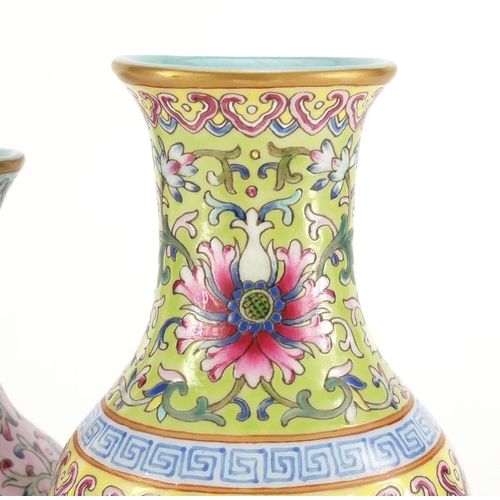 379 - Good Chinese porcelain double vase, finely hand painted with flower heads amongst foliate scrolls on... 