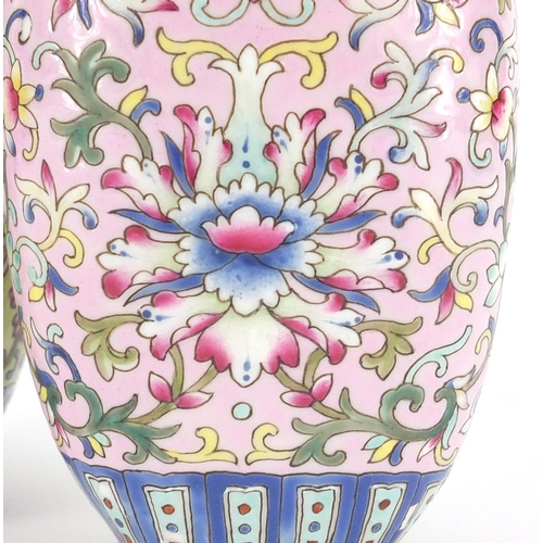 379 - Good Chinese porcelain double vase, finely hand painted with flower heads amongst foliate scrolls on... 