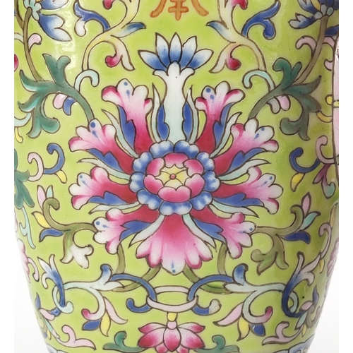 379 - Good Chinese porcelain double vase, finely hand painted with flower heads amongst foliate scrolls on... 