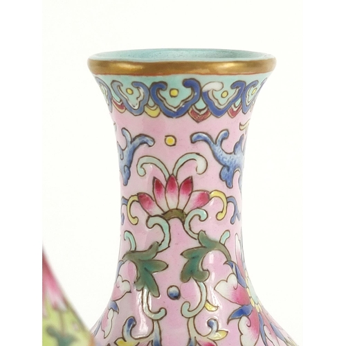 379 - Good Chinese porcelain double vase, finely hand painted with flower heads amongst foliate scrolls on... 