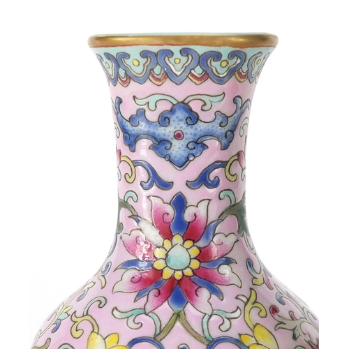 379 - Good Chinese porcelain double vase, finely hand painted with flower heads amongst foliate scrolls on... 