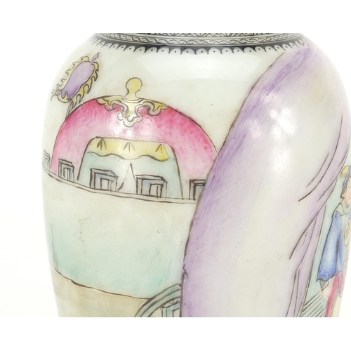 413 - Chinese porcelain vase, hand painted in the famille rose palette with an Emperor in a palace, callig... 