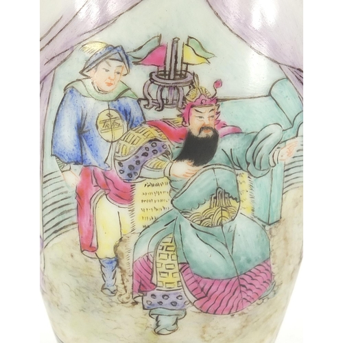 413 - Chinese porcelain vase, hand painted in the famille rose palette with an Emperor in a palace, callig... 