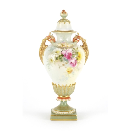 774 - Royal Worcester vase and cover with twin handles by Cole, hand painted with roses, factory marks and... 