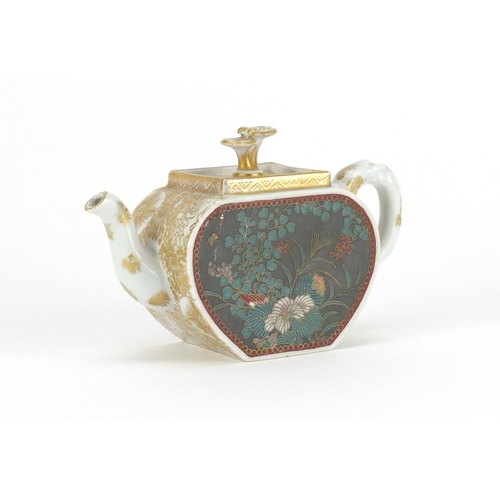 588 - Japanese porcelain and cloisonné teapot hand painted and enamelled with flowers, character marks to ... 